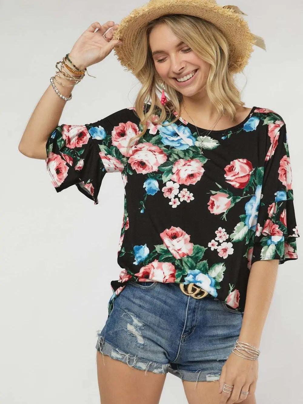 Floral Print Round Neck Loose Fit Top